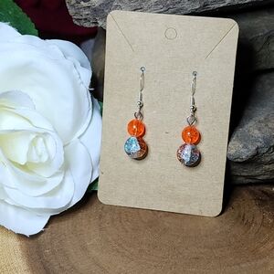 Dangle Drop Earrings With Blue & Orange Crackled Glass Beads With Silver Accents